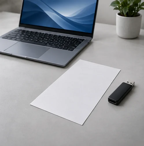 노트북과 빈 시스템 요구조건 종이 및 USB 메모리 (AI 설명용 삽화)