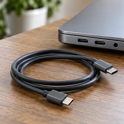 노트북 측면 포트와 USB-C 케이블의 설명용 모습 (AI 설명용 삽화)