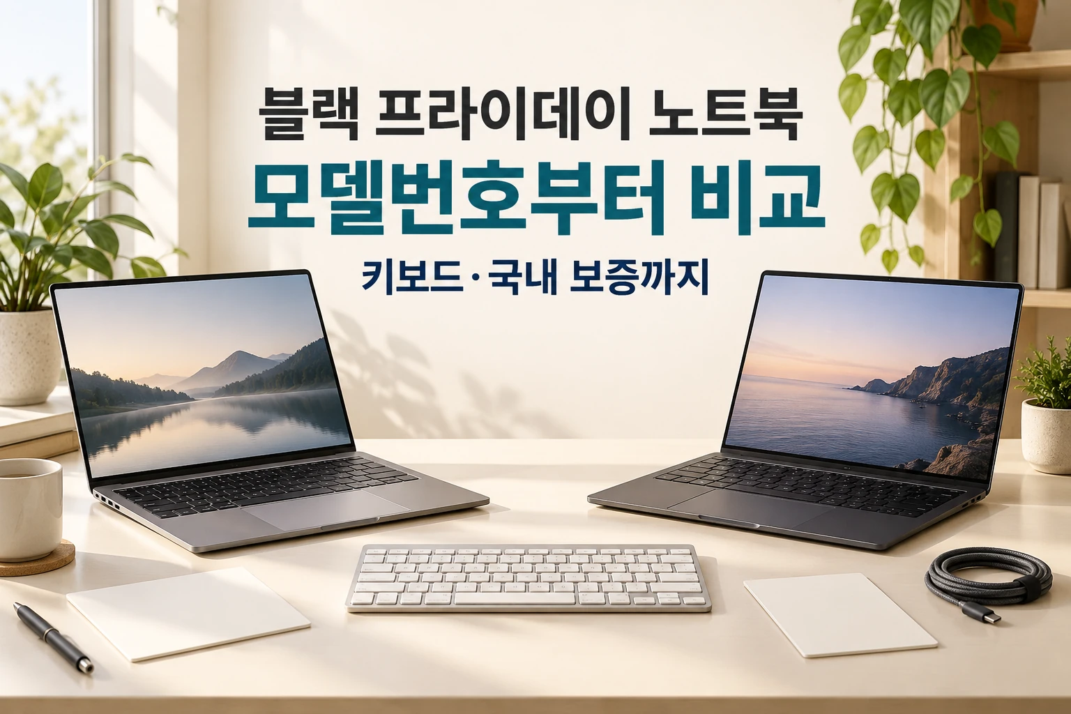 블랙 프라이데이 노트북의 모델번호 키보드와 국내 보증을 비교하는 한글 대표 이미지 (AI 설명용 썸네일)