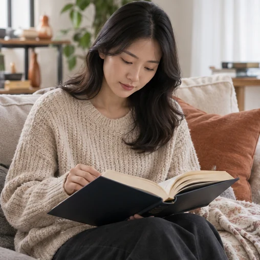 집에서 참고서를 읽으며 용어를 살펴보는 장면 (AI 설명용 삽화)