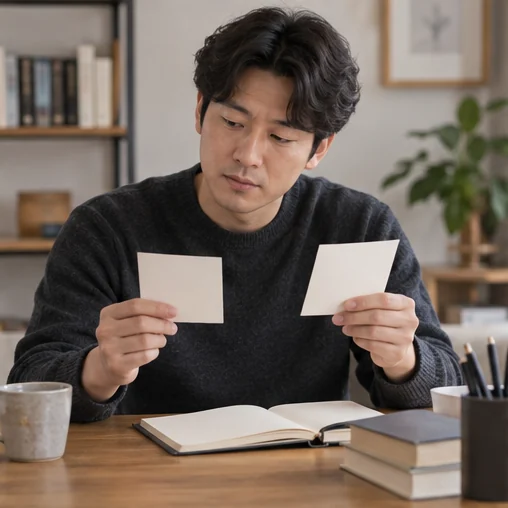 책상에서 두 장의 용어 메모를 비교하는 장면 (AI 설명용 삽화)