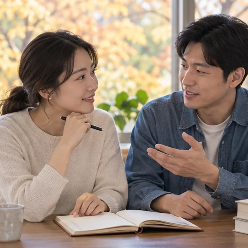 쇼핑 용어의 뜻을 함께 이야기하는 장면 (AI 설명용 삽화)