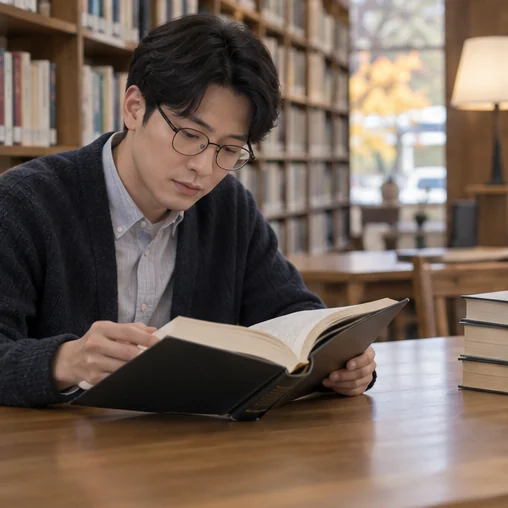 도서관에서 참고서를 읽는 장면 (AI 설명용 삽화)