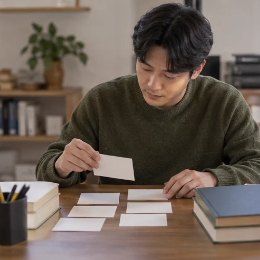 책과 정보 카드를 정돈하는 장면 (AI 설명용 삽화)
