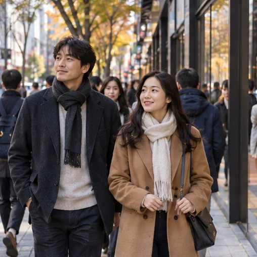 가을 도심 보행로를 걷는 사람들의 장면 (AI 설명용 삽화)