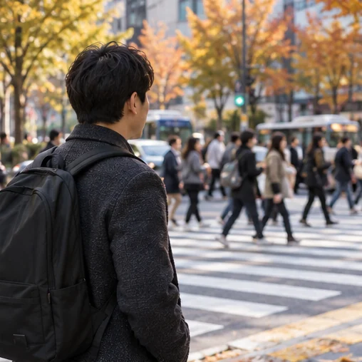 보도에서 횡단보도의 흐름을 살펴보는 장면 (AI 설명용 삽화)