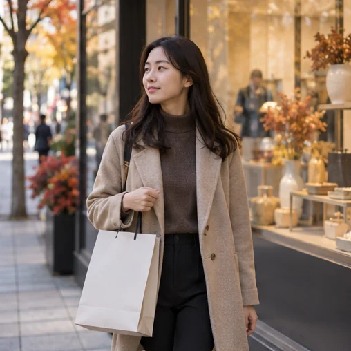 쇼핑백을 들고 상점 진열창 옆을 걷는 장면 (AI 설명용 삽화)