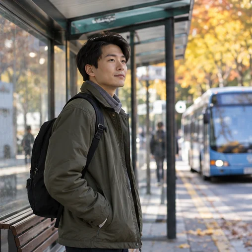 현대 도심의 버스 정류장에서 기다리는 장면 (AI 설명용 삽화)