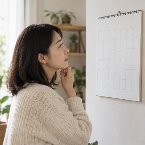 표시 없는 달력 형태의 종이를 살펴보는 장면 (AI 설명용 삽화)