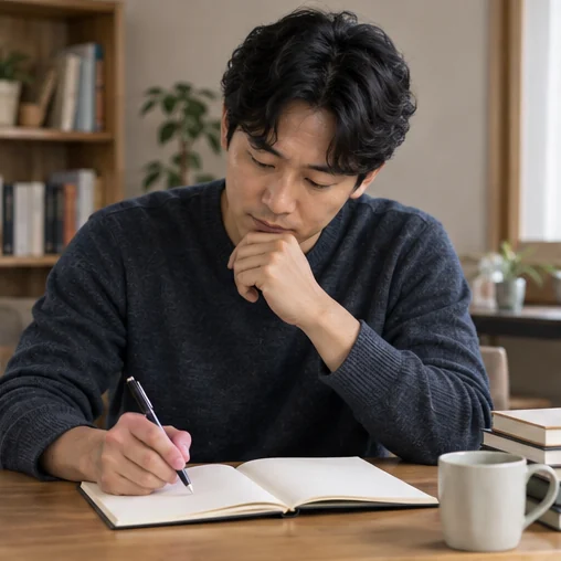 행사 날짜에 관한 질문을 노트에 적는 장면 (AI 설명용 삽화)