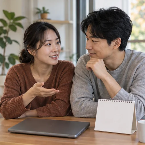 달력과 노트북 옆에서 계획을 이야기하는 장면 (AI 설명용 삽화)