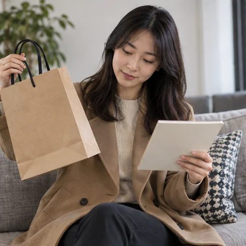 쇼핑백과 행사 메모를 함께 살펴보는 장면 (AI 설명용 삽화)