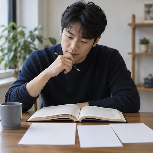 책과 용어 자료를 함께 읽는 장면 (AI 설명용 삽화)