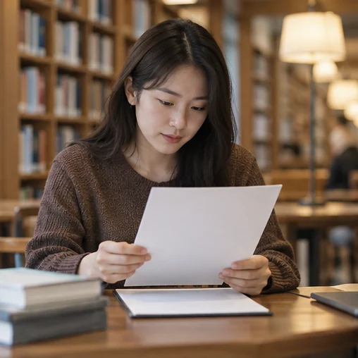 도서관 책상에서 자료를 검토하는 장면 (AI 설명용 삽화)