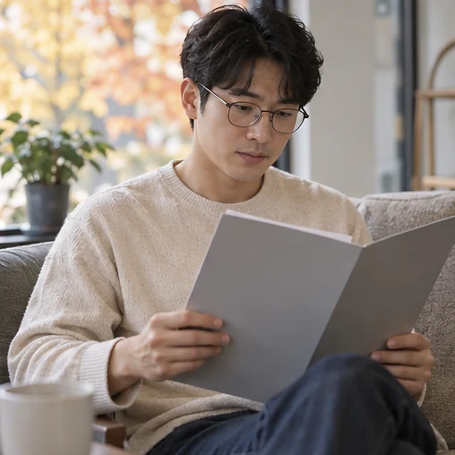집에서 문서 폴더의 자료를 읽는 장면 (AI 설명용 삽화)