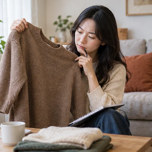의류와 확인 질문을 함께 살펴보는 장면 (AI 설명용 삽화)