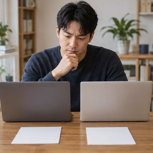노트북 두 대와 상품 정보를 비교하는 장면 (AI 설명용 삽화)