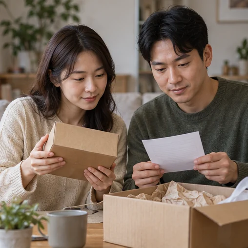 포장 상자와 주문 자료를 함께 검토하는 장면 (AI 설명용 삽화)