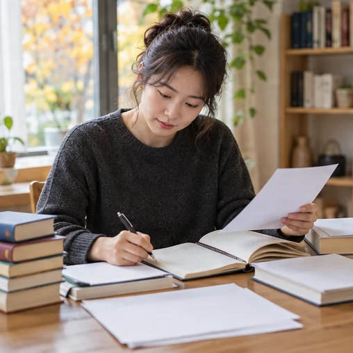 참고서와 기사 메모를 정리하는 장면 (AI 설명용 삽화)