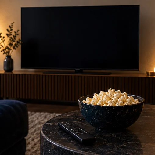 빈 TV 앞의 리모컨과 팝콘 (AI 설명용 삽화)