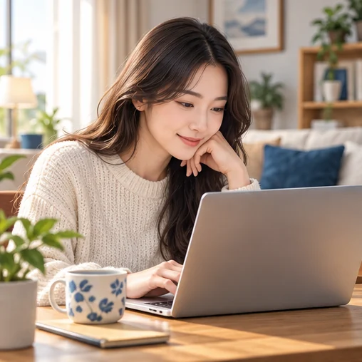 집에서 노트북으로 쇼핑 화면을 살펴보는 장면 (AI 설명용 삽화)