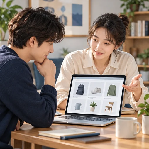 노트북의 쇼핑 화면을 두 사람이 함께 검토하는 장면 (AI 설명용 삽화)