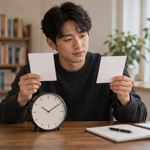 시계 옆에서 두 장의 일정 메모를 비교하는 장면 (AI 설명용 삽화)