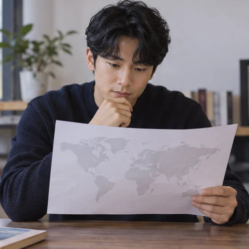 이름 없는 지도 형태의 자료를 읽는 장면 (AI 설명용 삽화)