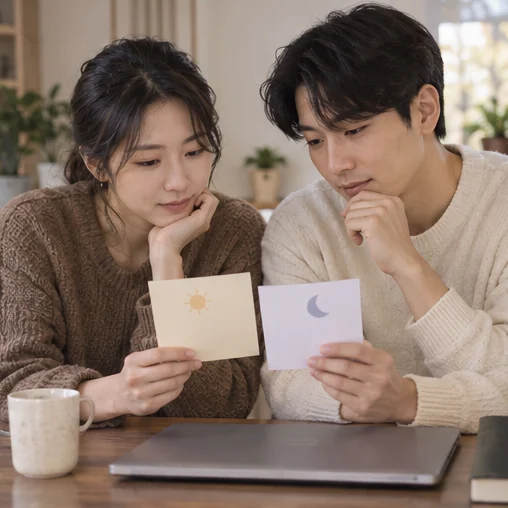 낮·밤 메모와 함께 시각 기준을 이야기하는 장면 (AI 설명용 삽화)