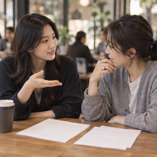 카페에서 일정 자료에 관한 질문을 나누는 장면 (AI 설명용 삽화)