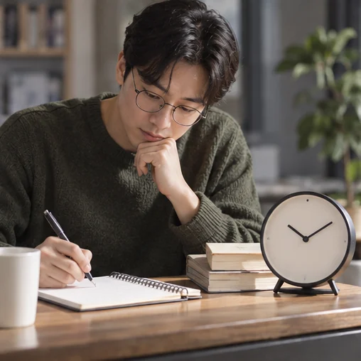 시계 옆에서 시각에 관한 질문을 노트에 적는 장면 (AI 설명용 삽화)
