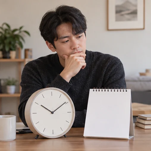 시계와 달력 형태의 종이를 함께 살펴보는 장면 (AI 설명용 삽화)
