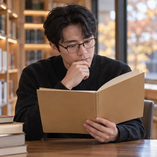 도서관에서 날짜에 관한 자료를 검토하는 장면 (AI 설명용 삽화)