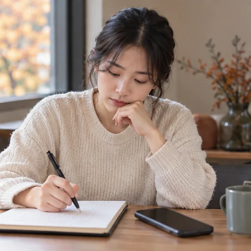 휴대전화 옆에서 일정 질문을 적는 장면 (AI 설명용 삽화)