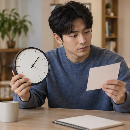 시계와 마감 확인 메모를 비교하는 장면 (AI 설명용 삽화)
