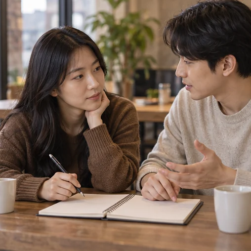 날짜 경계에 관한 질문을 함께 이야기하는 장면 (AI 설명용 삽화)