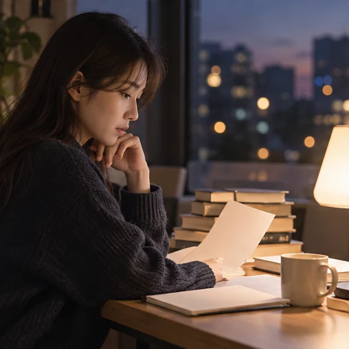 저녁 창가에서 일정 자료를 살펴보는 장면 (AI 설명용 삽화)