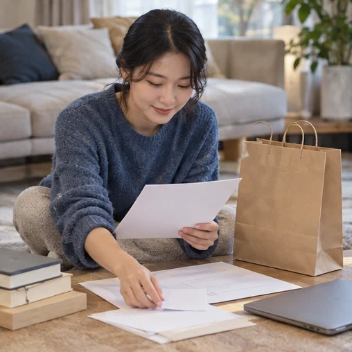 쇼핑백 옆에서 일정 자료를 정리하는 장면 (AI 설명용 삽화)