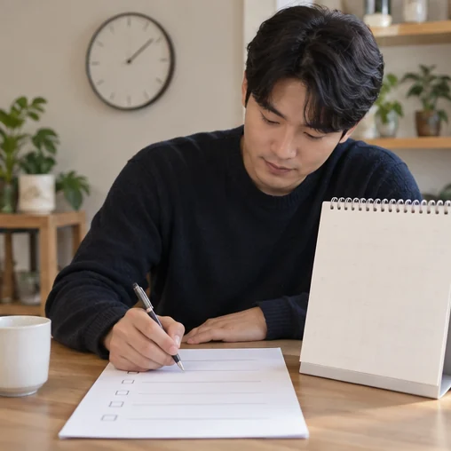 달력 형태의 종이 옆에서 확인표를 작성하는 장면 (AI 설명용 삽화)