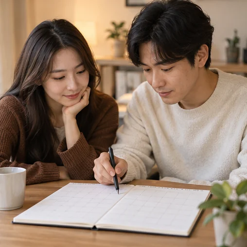 가족과 확인할 쇼핑 일정을 의논 (AI 설명용 삽화)