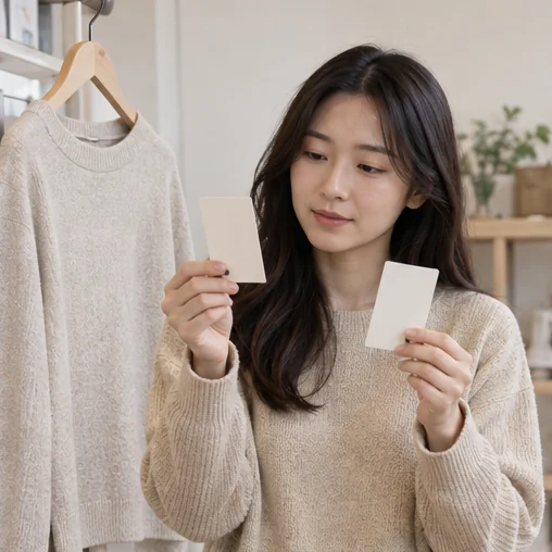 의류 옆에서 두 장의 가격 메모를 비교하는 장면 (AI 설명용 삽화)