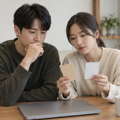 노트북 옆에서 기준 가격에 관한 메모를 함께 읽는 장면 (AI 설명용 삽화)