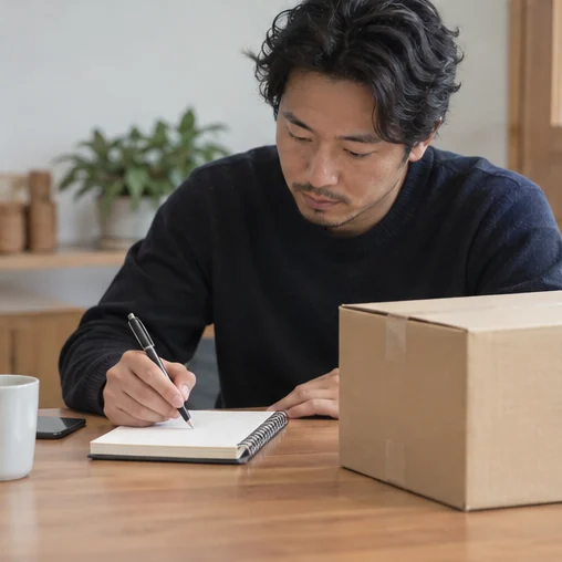 상품 상자 옆에서 확인 질문을 노트에 적는 장면 (AI 설명용 삽화)