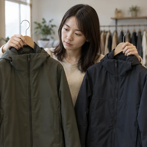 두 벌의 재킷 세부 사항을 비교하는 장면 (AI 설명용 삽화)