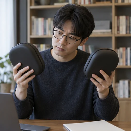 두 개의 헤드폰 케이스를 살펴보는 장면 (AI 설명용 삽화)