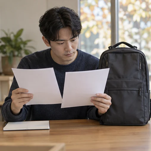 가방 옆에서 두 장의 상품 자료를 비교하는 장면 (AI 설명용 삽화)