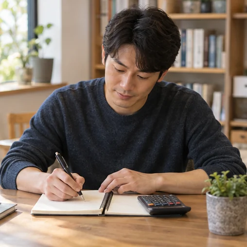 계산기 옆에서 비교 내용을 노트에 적는 장면 (AI 설명용 삽화)