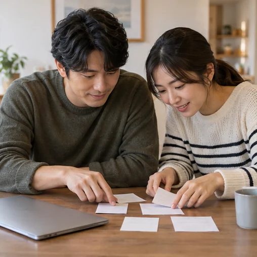 날짜 메모와 노트북으로 가격 기록을 함께 정리하는 장면 (AI 설명용 삽화)