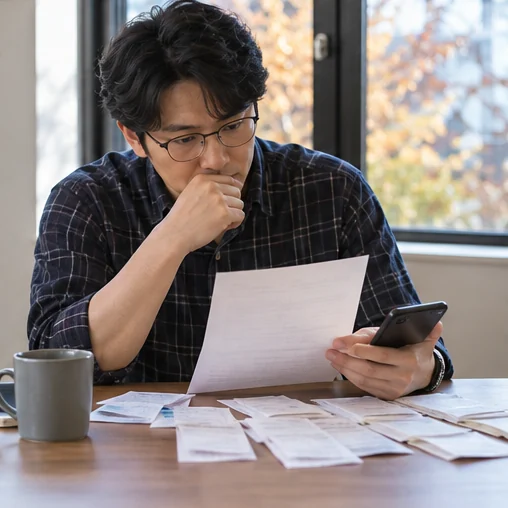 휴대전화와 구매 기록을 함께 검토하는 장면 (AI 설명용 삽화)