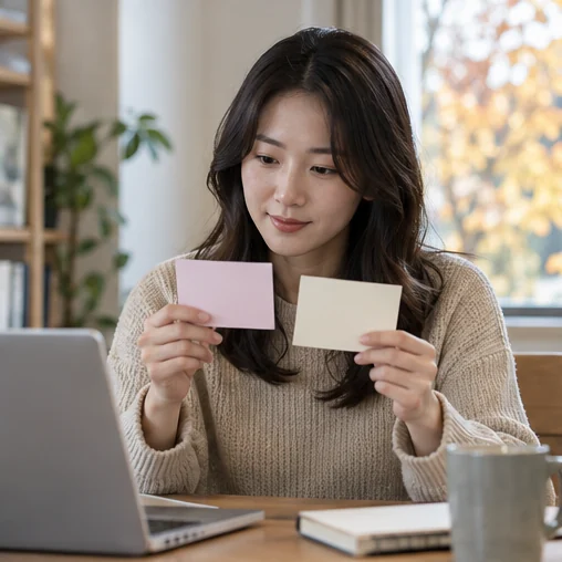 노트북 옆에서 쿠폰 형태의 메모를 비교하는 장면 (AI 설명용 삽화)